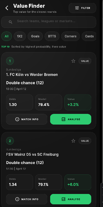 Value Finder in the ValueBet app