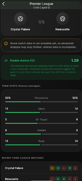 Match details in the ValueBet app